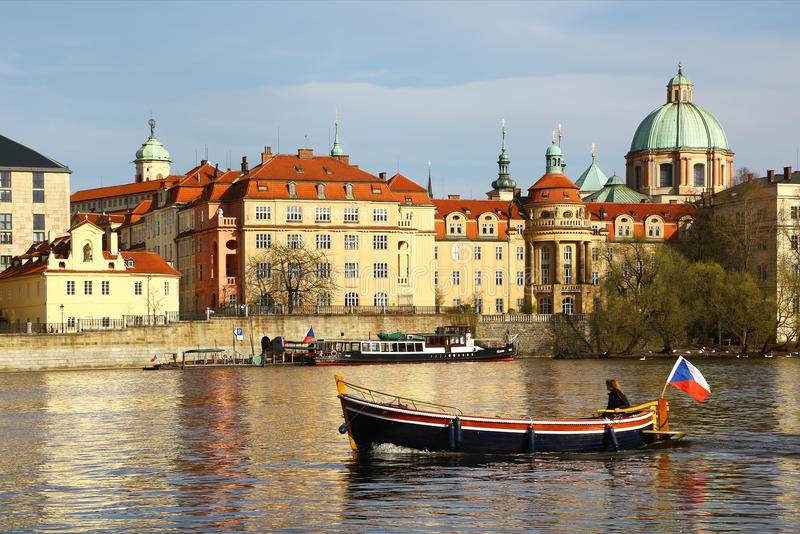 Boats Vltava River runs in Prague