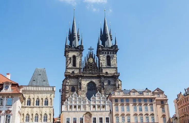 Outdoors of Our Lady of Tyn church in the center of Prague